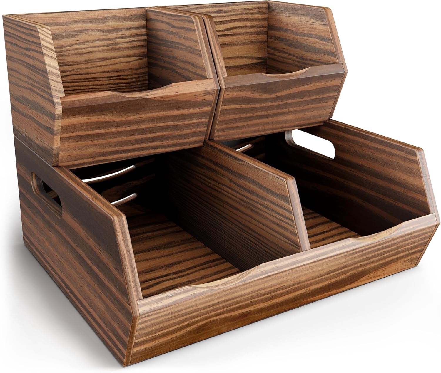 Acacia Wood Pantry Storage Bins – Stackable Open Front Kitchen Baskets for Potato, Onion, Fruit, Bread & More – Rustic Wooden Basket for Pantry (Walnut - Pine Wood)