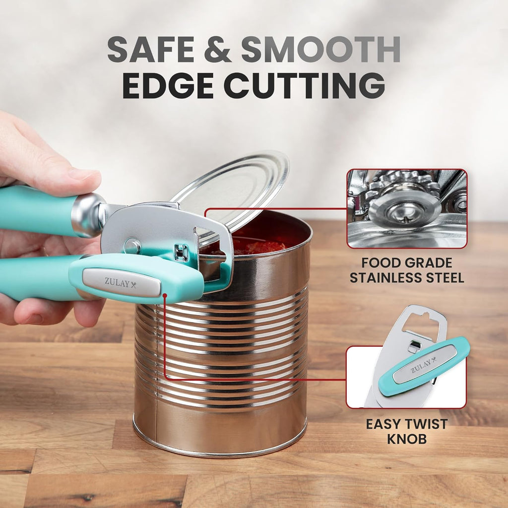 Zulay Kitchen Heavy Duty Stainless Steel Can Opener Manual with Bottle Opener - Rust Proof Manual Can Opener With Turn Knob & Comfy Soft Grip Handles - Teal