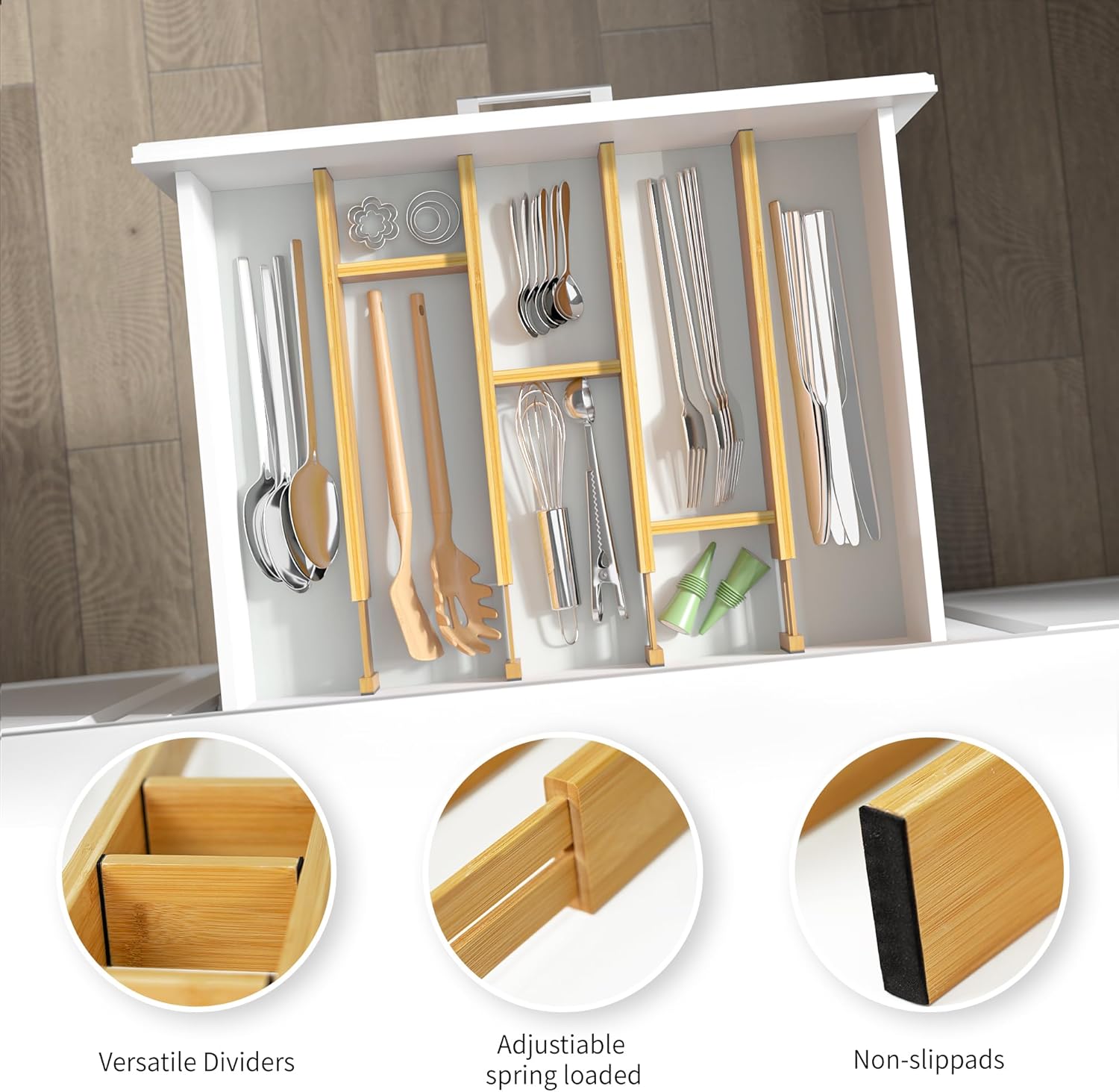Adjustable Bamboo Drawer Dividers with Inserts, Expandable Spring-Loaded Drawer Organizer for Kitchen, Clothes, Tools, Silverware, Bamboo Organizer Separators - 4 Large Pieces