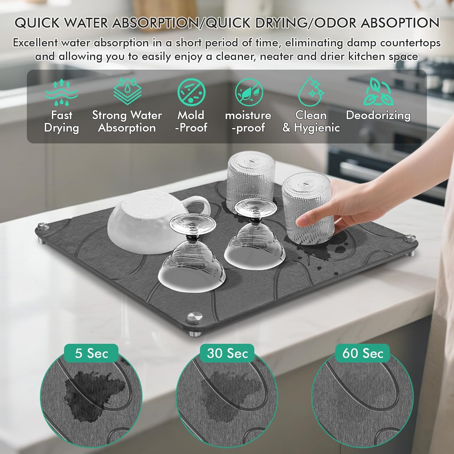 Stone Drying Mat For Kitchen Counter Superb Absorbent Diatomaceous Earth Mats with Non-Slip Feet Quick Dry Stone Dish Drying Pad Dish Pad Multi-Purpose(Flow Line-DarkGrey, 15.7" x 11.8")