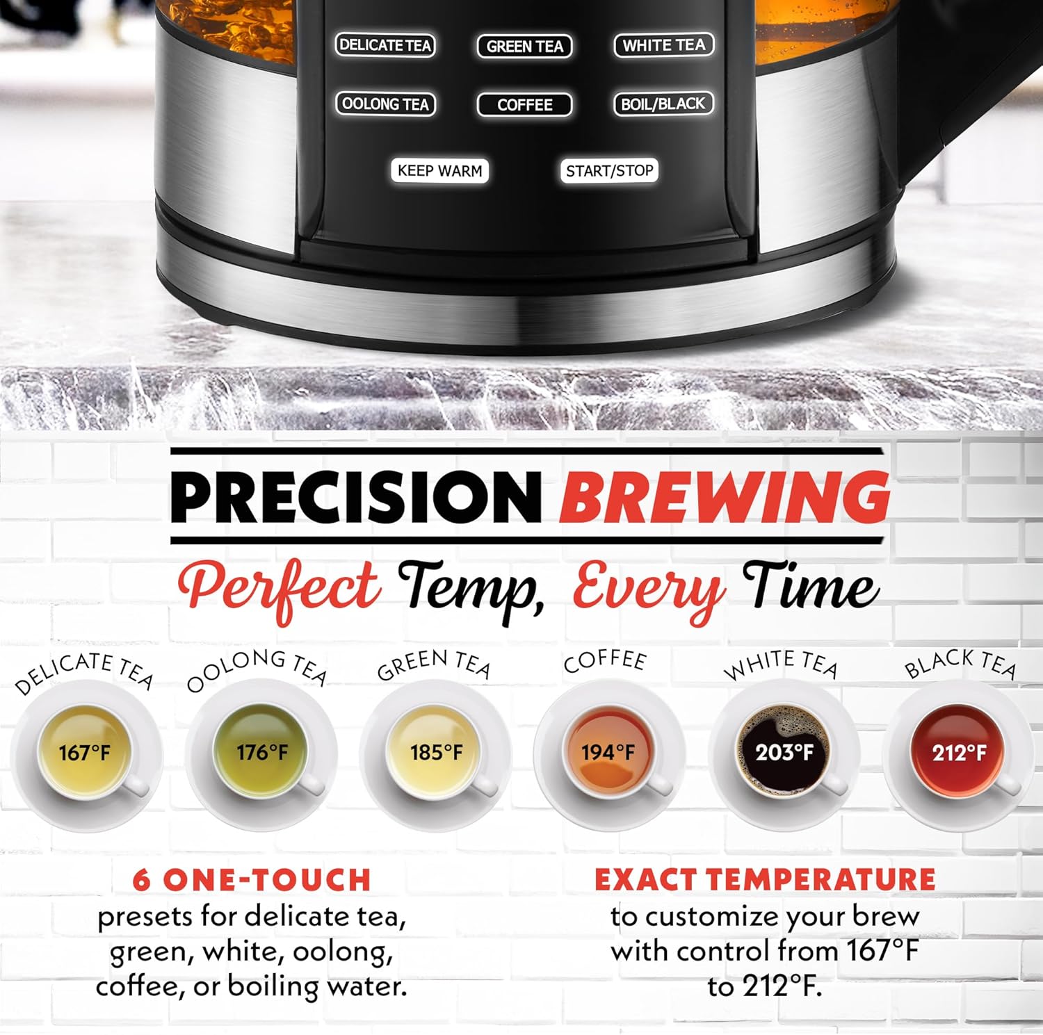 Gourmia Electric Programmable Glass Kettle – 1.7L Temperature Control Tea & Coffee Kettle with Digital Touch Display, 6 Presets, Keep Warm, Removable Stainless Steel Infuser, 360° Swivel Base – White