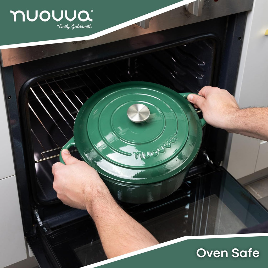 Cast Iron Dutch Oven with Lid – Non-Stick Ovenproof Enamelled Casserole Pot – Sturdy Dutch Oven Cookware – Dark Green, 7.3-Quart, 30cm – by Nuovva