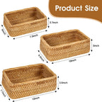 Natural Rectangular Rattan Storage Baskets (Set of 3), Hand Woven Food and Fruit Serving Baskets, Wicker Organizer for Living Room, Bedroom, Kitchen