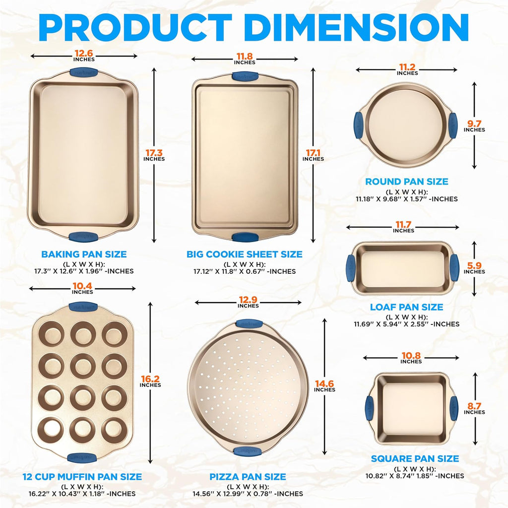 NutriChef 8-Piece Nonstick Bakeware Set - Heavy Duty Carbon Steel Baking Pans w/ Blue Silicone Handles - Pizza Crisper, Muffin & Loaf Pan, Round & Square Pans, Cookie Sheet - Champagne Gold