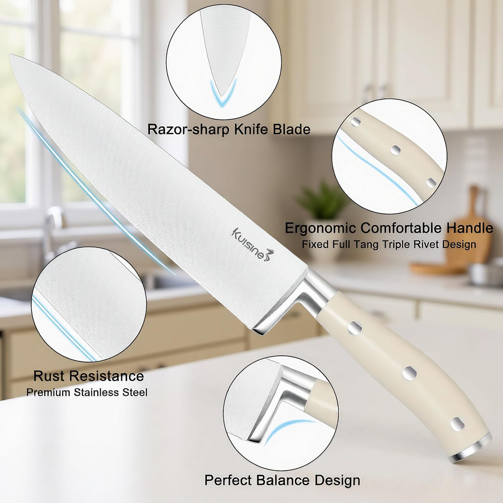 KUISINE Knife Set High Carbon Stainless Steel Sharper Blade Ergonomic Handle,Knife Block Set with Built-in Sharpener 2025 Upgraded (Ivory Pro Acacia,15PCS)