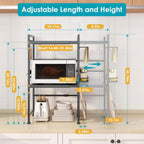 DOLALIKE Microwave Oven Rack, Expandable Microwave Stand Countertop Kitchen Utensils Tableware Storage, Carbon Steel Over Microwave Shelf Countertop with 6 Hooks