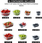 COOK WITH COLOR Premium 32-Pc. Borosilicate Glass Food Container Set with Dividers - 4 Rectangles, 8 Rounds, 4 Squares - Leakproof Lids - Meal Prep, Storage, Fluted Ombre Black