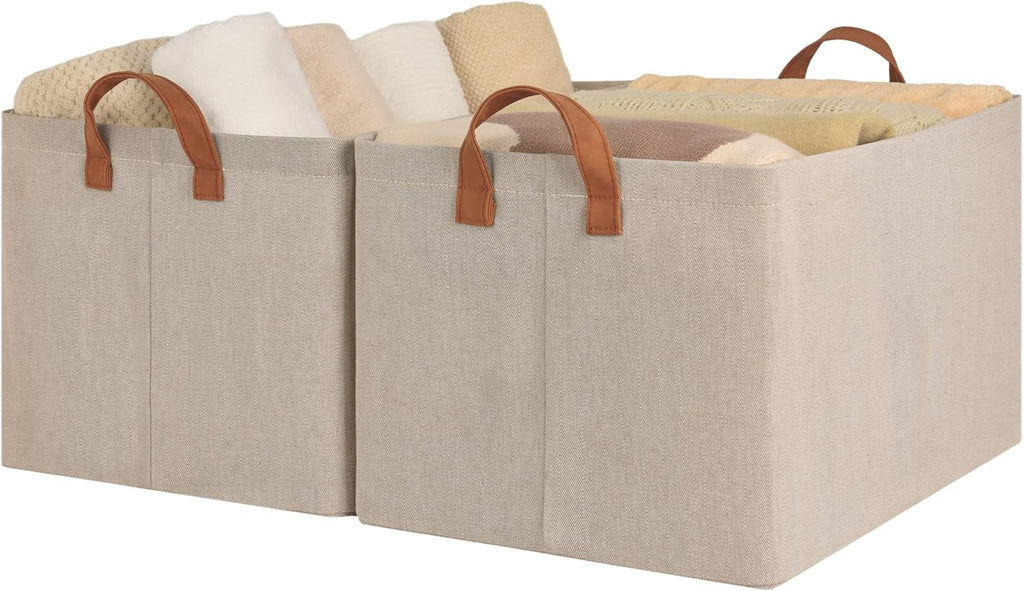 StorageWorks Storage Bins, Fabric Storage Bins for Shelves, Extra Large Storage Baskets with Metal Frame, Closet Baskets and Bins with Handles, Jumbo, Brown and Beige, 2-Pack