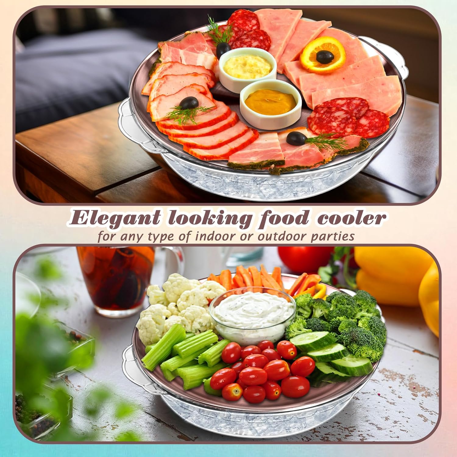 Baderke 3 Set 11.8" Chilled Serving Tray for Parties with Compartments Ice Chilled Party Platter Charcuterie Serving Board Cold Dish Dip for Fruit Seafood Vegetable Shrimp Cocktail (Rose Gold)