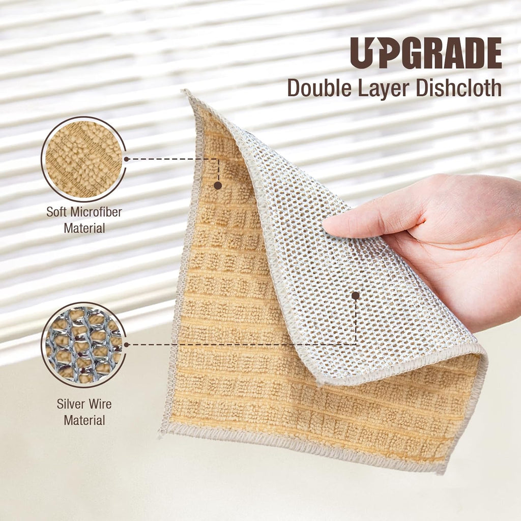 Silver Wire and Microfiber Double Layer Dishcloth, Multipurpose Dishwashing Rags for Wet and Dry, Household Cleaning Cloth with Poly Scour Side, 6 Color Assorted 12pack