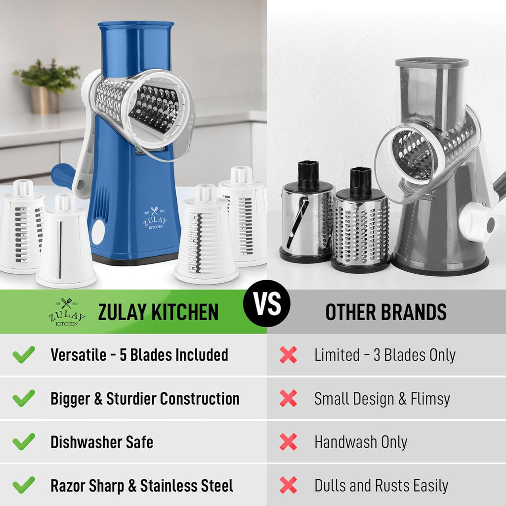 Zulay Kitchen Rotary Cheese Grater 5 Blade Cheese Shredder - Manual Hand Crank Cheese Grater With Reinforced Suction & 5 Interchangeable Drums - Easy to Use, Vegetable Chopper Round Mandoline Slicer