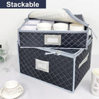 Wine Glass and Mug Storage Box with Dividers - 2 Pack China Storage Containers Set Holds 24 Glassware , Stemware，Coffee Mug and Tea Cup, Organizer Bin with Sturdy Metal Zipper,Label and Handles (Grey)