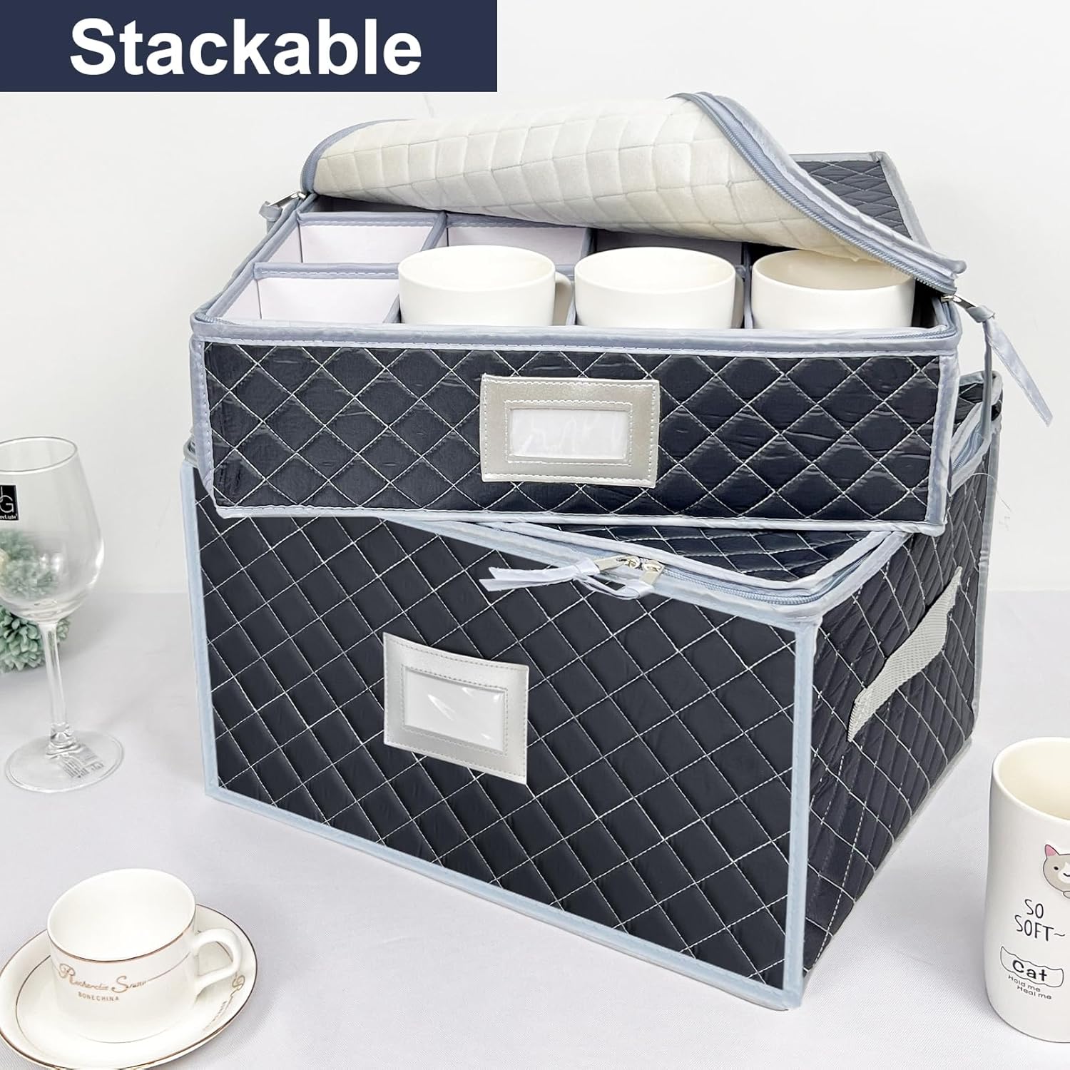 Wine Glass and Mug Storage Box with Dividers - 2 Pack China Storage Containers Set Holds 24 Glassware , Stemware，Coffee Mug and Tea Cup, Organizer Bin with Sturdy Metal Zipper,Label and Handles (Grey)