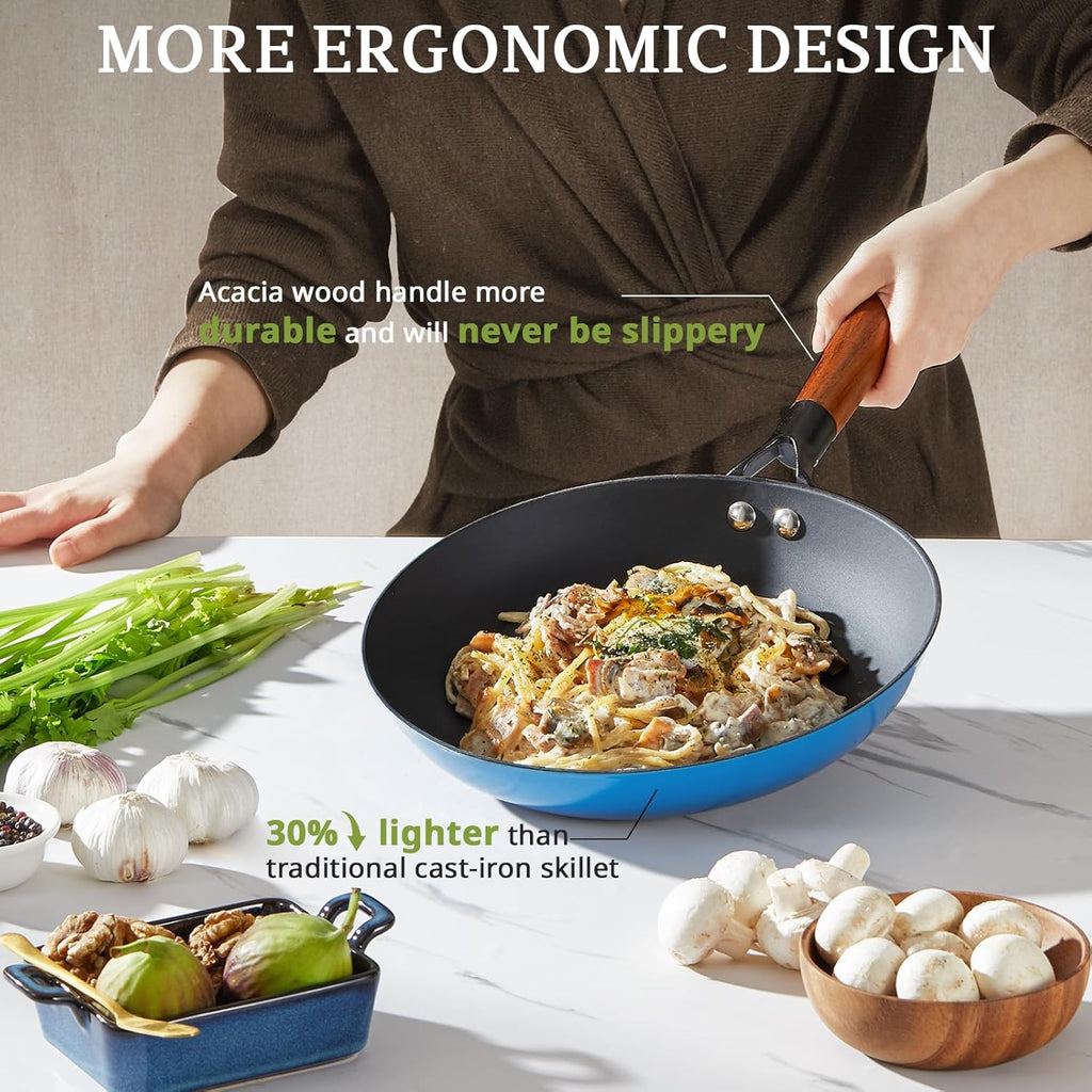 KITESSENSU Enameled Cast Iron Skillets - Non Stick Frying Pans Set with Durable Wooden Handle - 10&12 Inch Titanium Cast Iron Pans for Multi-Cooking - Pre Seasoned Cookware Set - Gradual Cobalt Blue