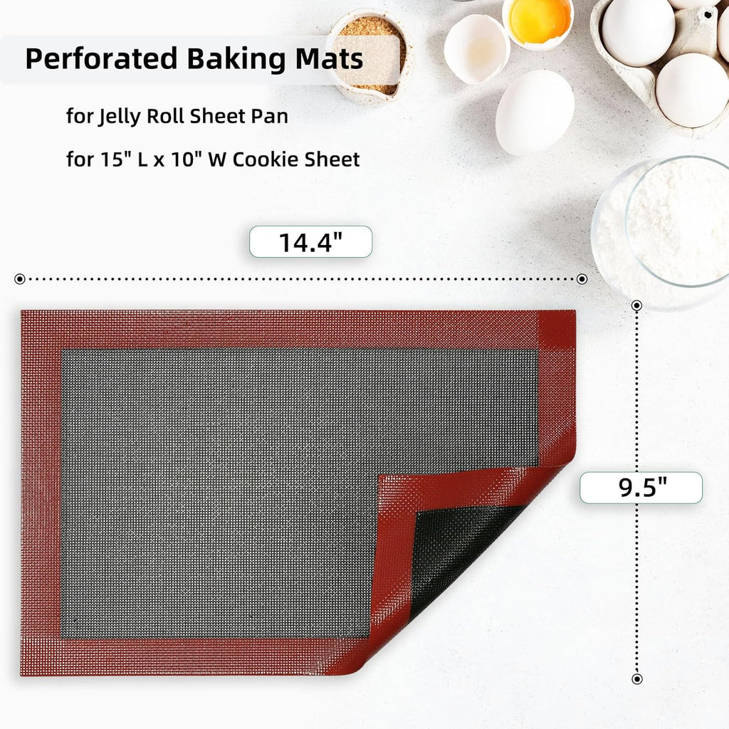 Perforated Silicone Baking Mat for Jelly Roll Pan, Non-Stick Eclair Baking Mat for 10 x 15-inch Tray Pan, 2 Pcs Mesh Cookie Sheet Liner for Homemade Bread, Sugar Cookie and Pastry