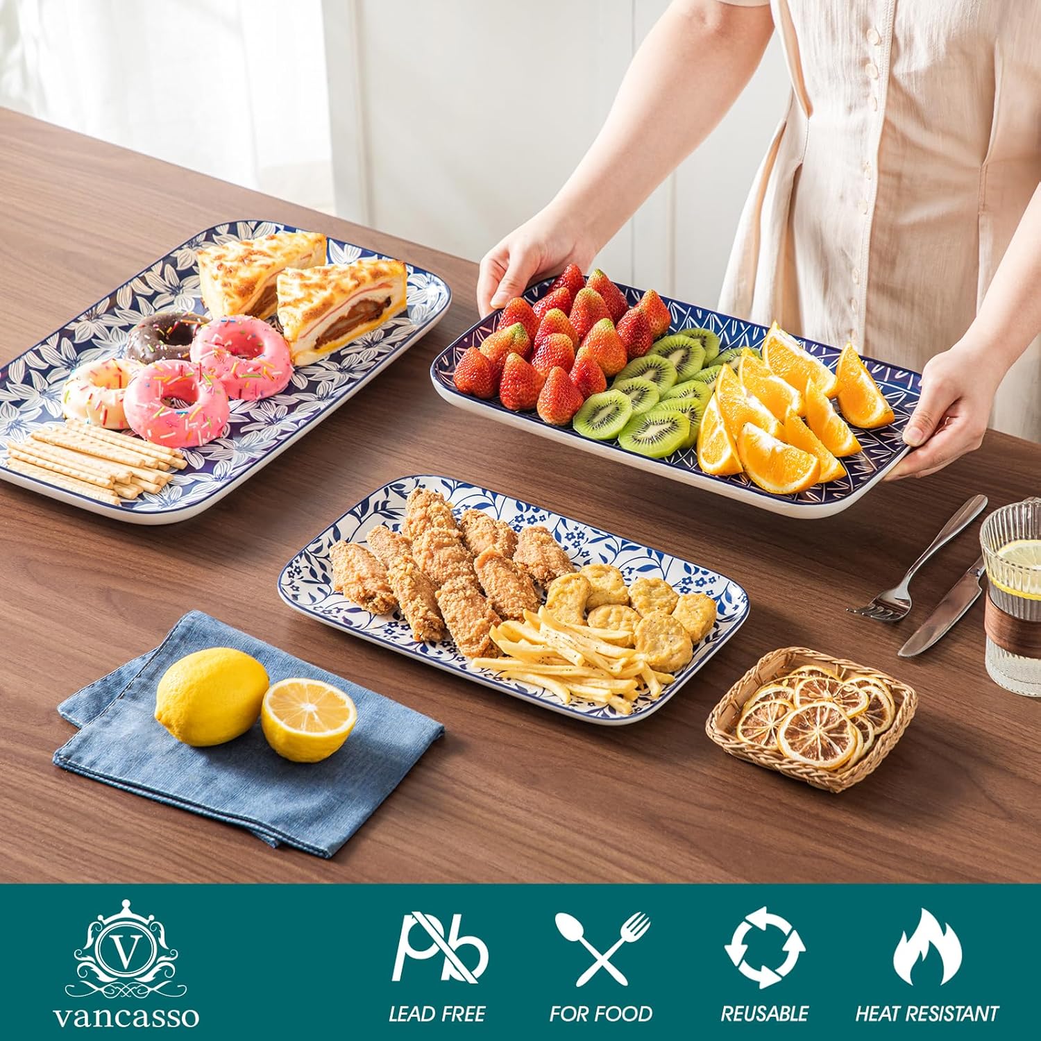 vancasso Serving Platters Set of 3, 16"/14"/12" Inch Rectangular Trays - Serving Platter Extra Large, Ceramic Serving Dish Microwave & Dishwasher Safe (Vintage Blue A)