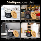 Coffee Filter Holder with Bamboo Lid – Filter Storage Organizer for Cone & Round Filters – Rustic Coffee Bar Container for Counter, Kitchen or Cafe Decor (Black).