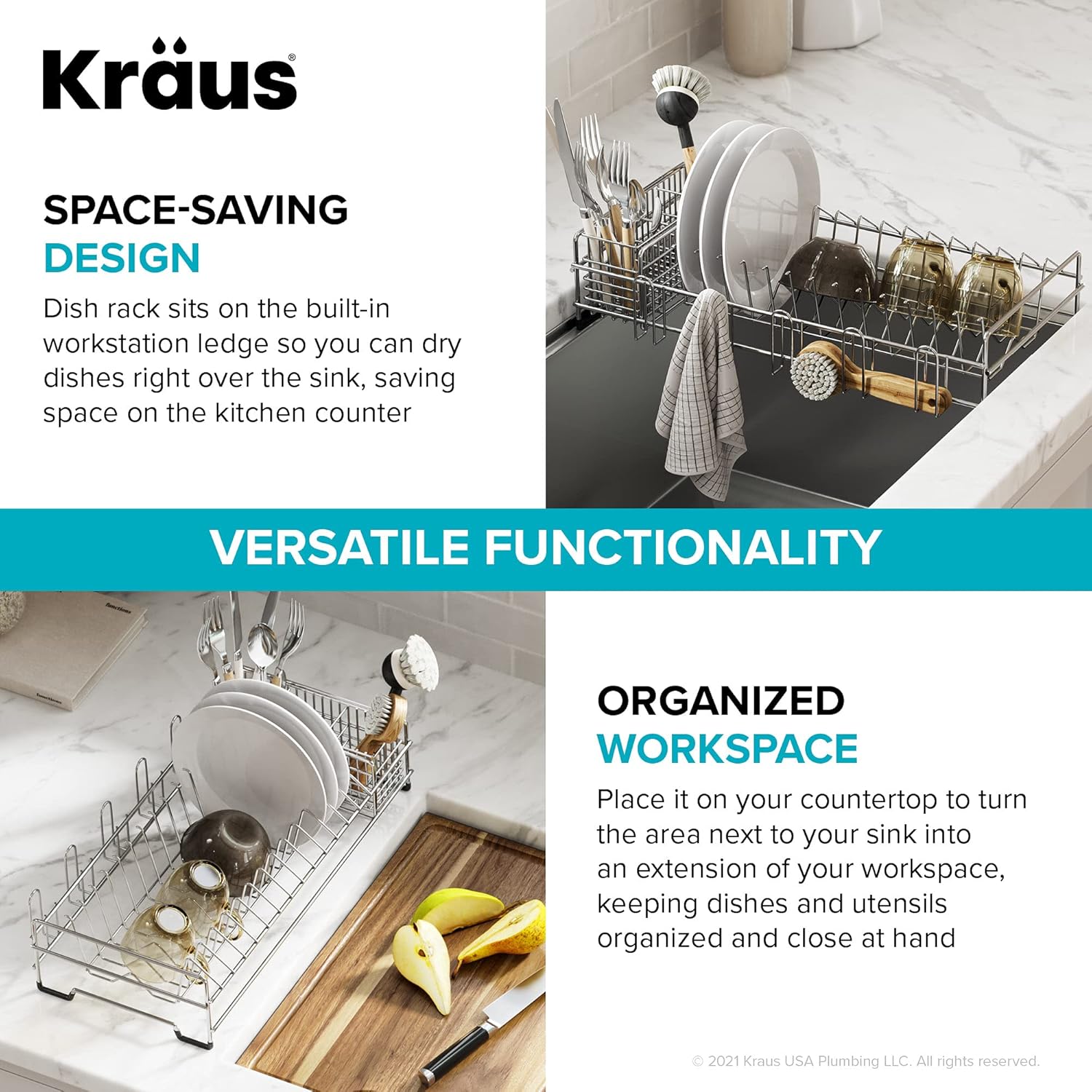 Kraus Workstation Kitchen Sink Dish Drying Rack Drainer and Utensil Holder, 17" L x 9" W, Stainless Steel, KDR-3