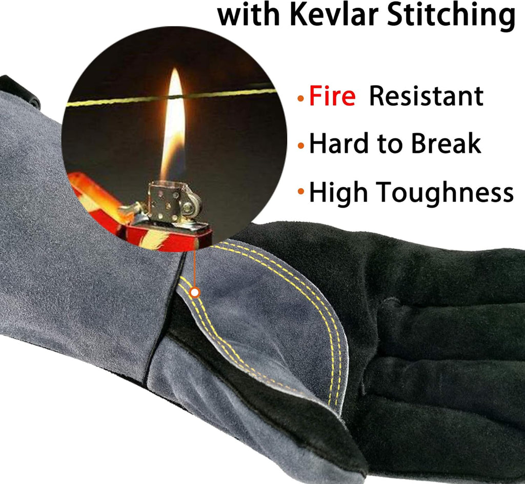 16 Inches,932℉,Leather Welding Gloves, Heat/Fire Resistant,Large Mitts for BBQ,Oven,Grill,Fireplace,Tig,Mig,Forge,Baking,Furnace,Stove,Pot Holder,Animal Handling Glove.L Black-gray
