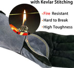 16 Inches,932℉,Leather Welding Gloves, Heat/Fire Resistant,Large Mitts for BBQ,Oven,Grill,Fireplace,Tig,Mig,Forge,Baking,Furnace,Stove,Pot Holder,Animal Handling Glove.L Black-gray
