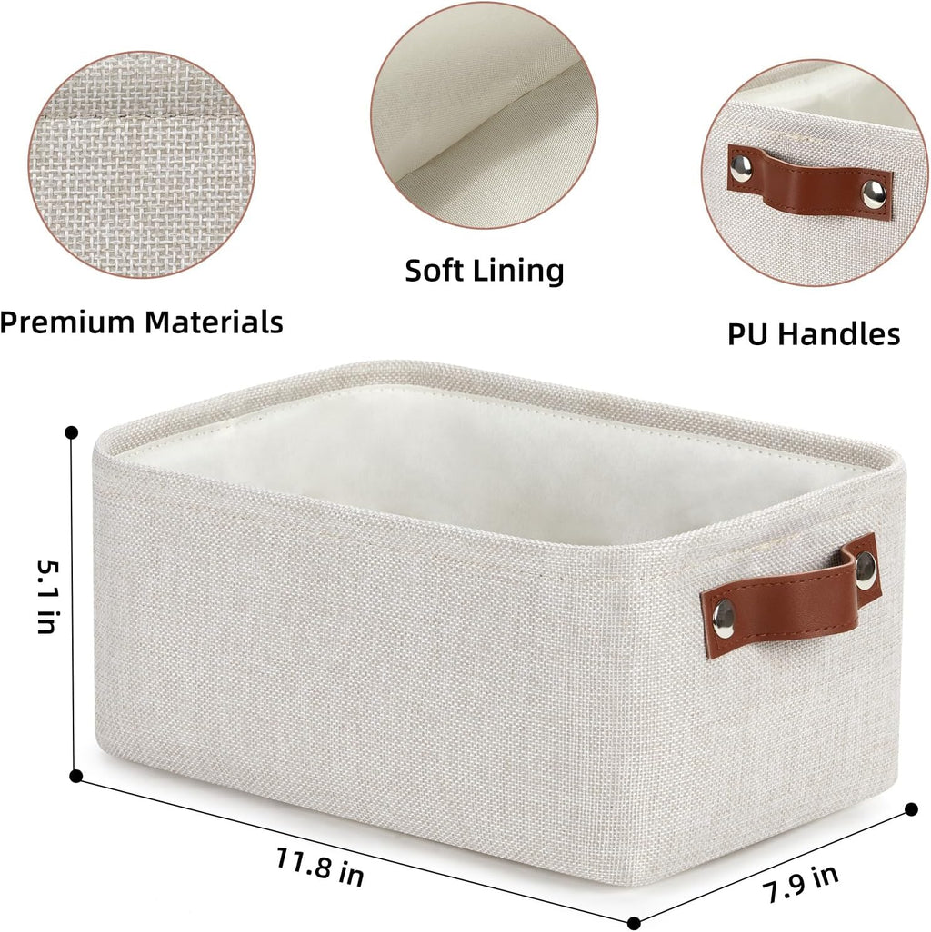 DULLEMELO fabric storage baskets | 11.8x7.9x5.1 inch small baskets for organizing Closet Set of 2 cloth storage baskets | rectangle storage basket with PU Handles (Beige)