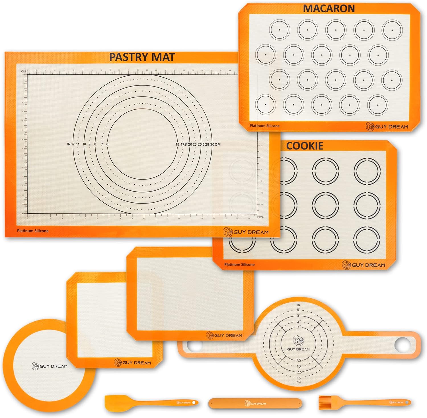 GUY DREAM All-in-One Silicone Baking Mat Set - Kneading Mat, Cookie & Macaron Half Sheet Mat, 1/4 Sheet Mat, Square & Round Cake Mats, Artisan Bread Mat - Ideal Gift for Baking