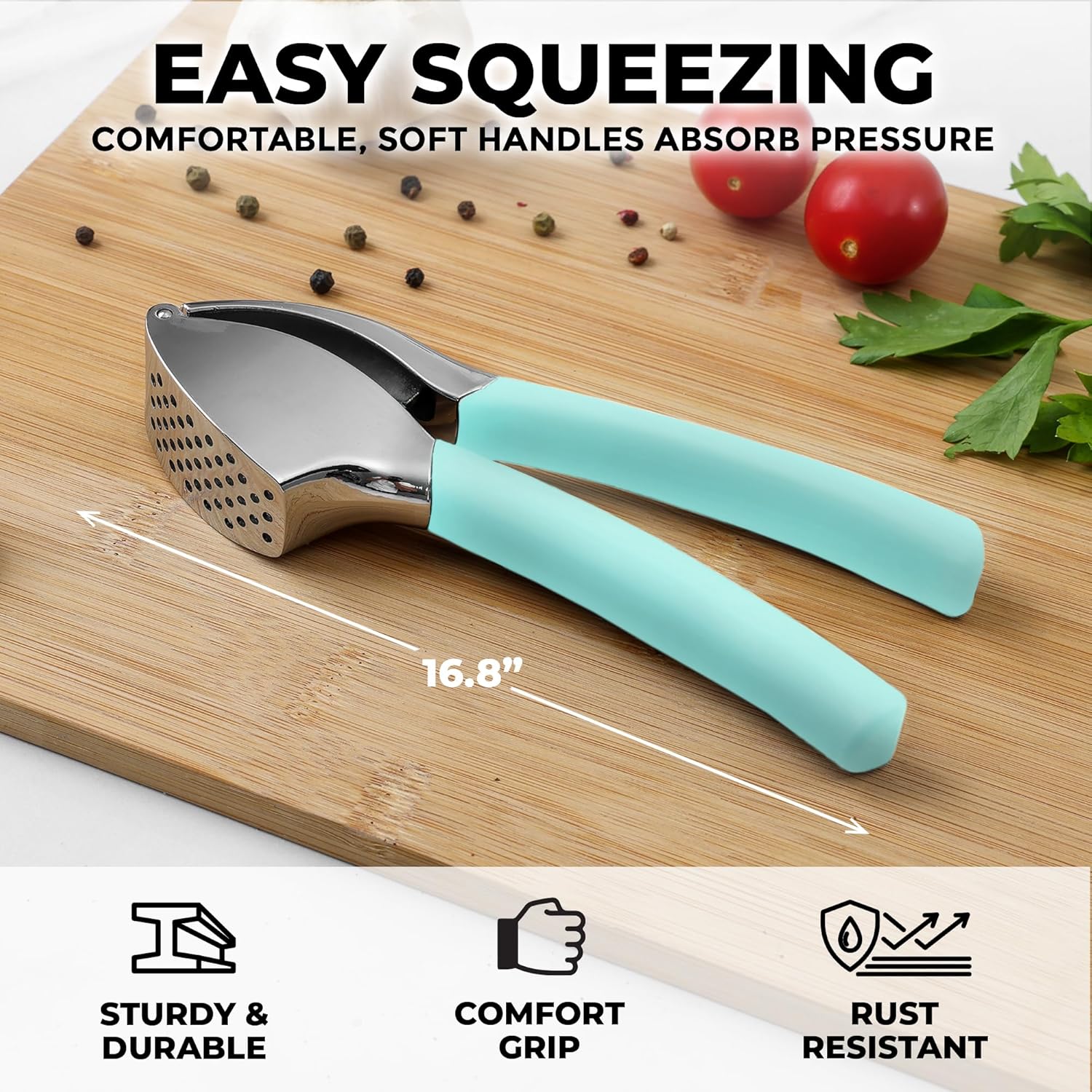Zulay Kitchen Comfort Grip Garlic Press - Garlic Mincer Tool - Garlic Crusher - Garlic Press Mincer Rust Proof, with Soft Ergonomic Handle, Easy Clean Set with Peeler and Brush - Light Blue