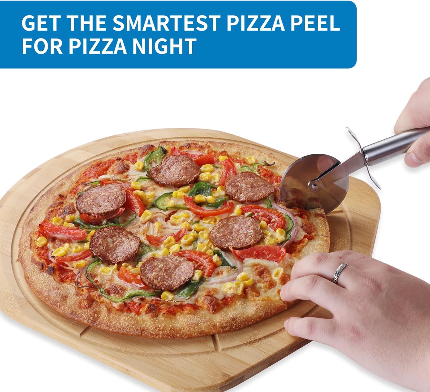 16' Bamboo Pizza Peel - Lightweight Smooth Wooden Paddle and Pizza Cutting Board with 8 Slice Grooves, Outdoor Oven Accessories, 23.6 x 16 Inch