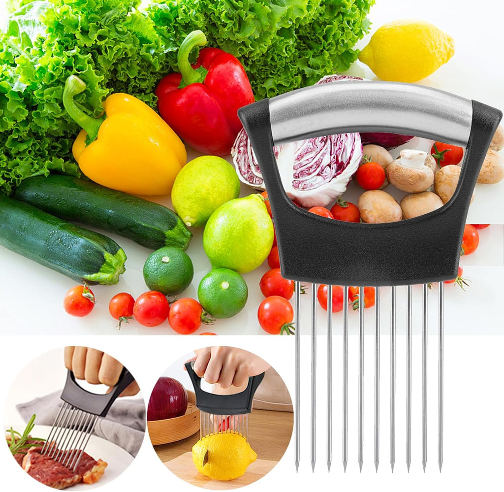 JAYVAR Onion Holder for Slicing, 3 Pieces Tomato Slicer, Stainless Steel Onion Chopper Veggie Cutter for Potato and Avocados, Food Slicer Assistant Tool, Useful Kitchen Gadgets Meat Tenderizer