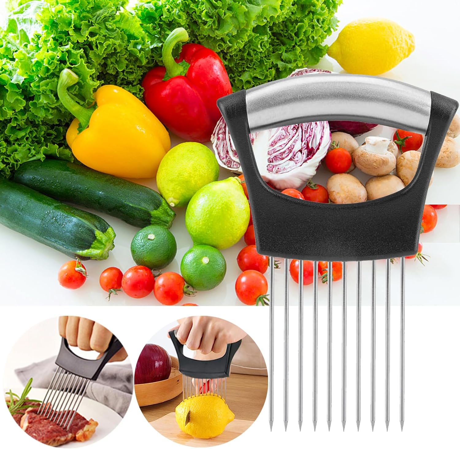 JAYVAR Onion Holder for Slicing, 3 Pieces Tomato Slicer, Stainless Steel Onion Chopper Veggie Cutter for Potato and Avocados, Food Slicer Assistant Tool, Useful Kitchen Gadgets Meat Tenderizer