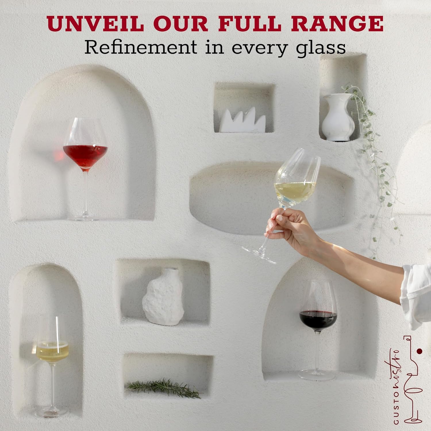 Gusto Nostro Crystal Wine Glasses Set of 4, 15.2 Oz Long Stem Modern Wine Glasses for White and Red Wine, Dishwasher Safe, Fancy, Elegant, Large and Tall Wine Glass for Wedding Christmas Anniversary