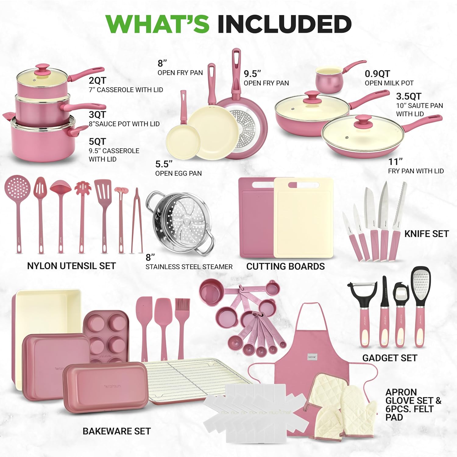 NutriChef 54-Piece Kitchen Cookware Set – Complete Non-Stick Ceramic Pots and Pans Set with Utensils, Bakeware, and Knife Set, Gas, Electric & Induction Compatible, Blush Pink Kitchen Essentials