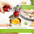 Spring Chef Stainless Steel Can Opener - Manual with Soft Grip Handles, Easy Turn, Heavy Duty Hand Can Opener for Seniors with Smooth Edge - Red