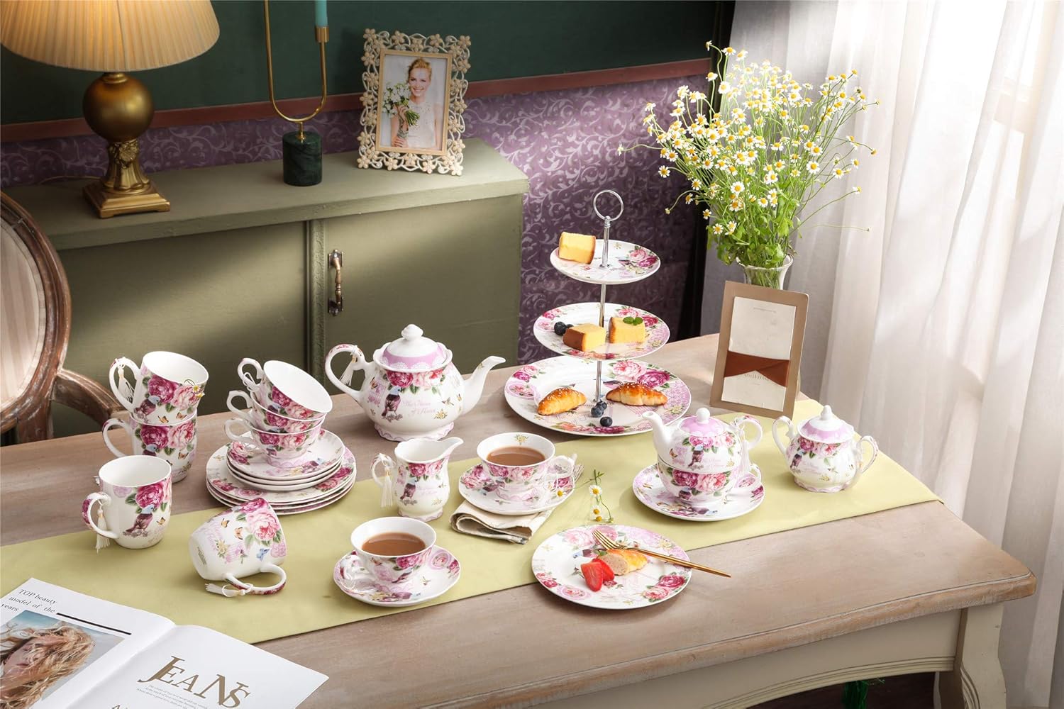 London Boutique Porcelain Teapot Sugar Bowl and Cream Milk Jug Shabby Chic Vintage Floral in Gift box 40oz (Teapot Bird Rose Butterfly)