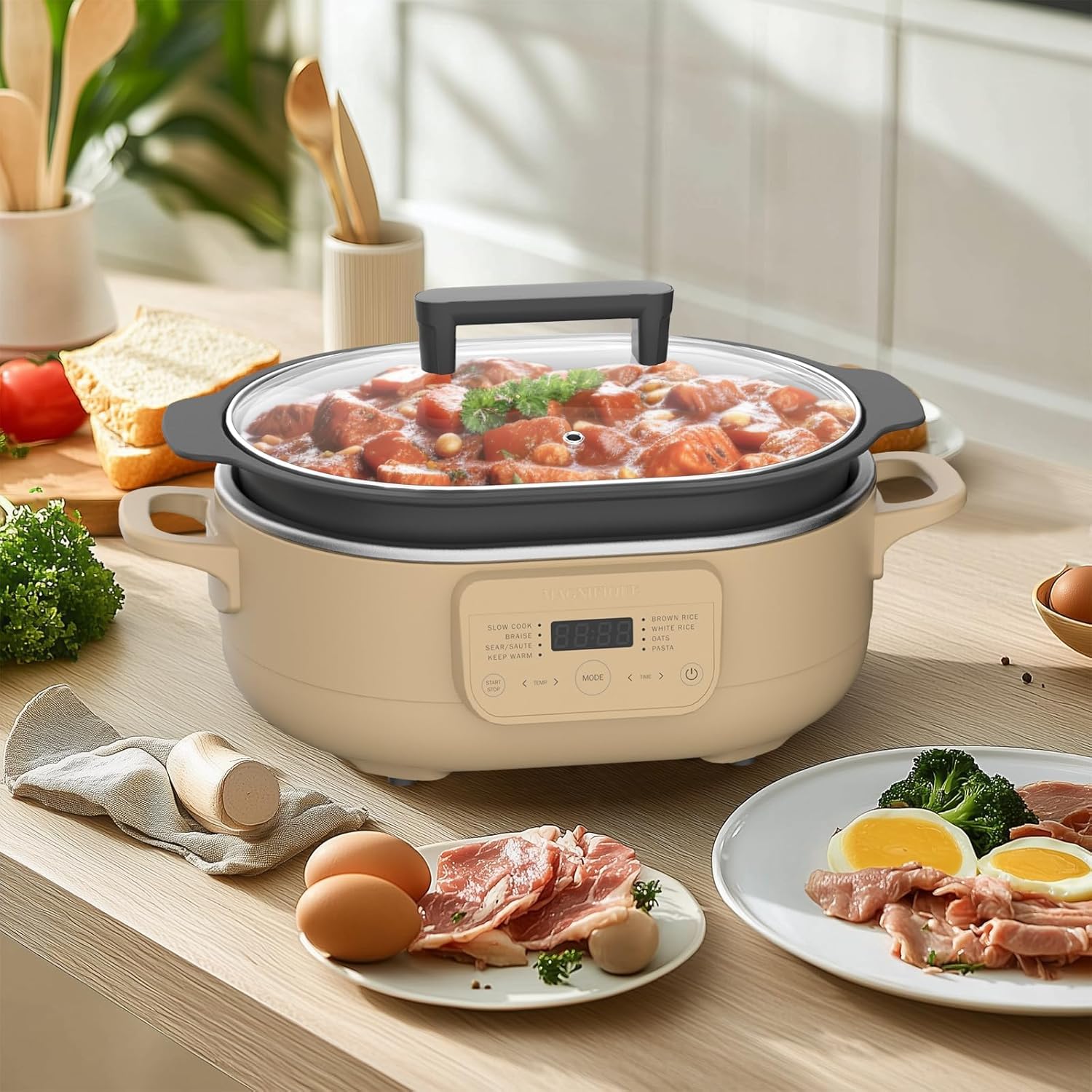 6 Quart Slow Cooker, with 8-in-1 Multi-Cooker, Casserole Programmable crock pot, Dutch Oven, Pasta, Nonstick, Oven Safe Pot to 500°F, Brown