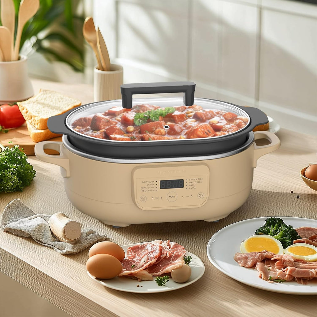 6 Quart Slow Cooker, with 8-in-1 Multi-Cooker, Casserole Programmable crock pot, Dutch Oven, Pasta, Nonstick, Oven Safe Pot to 500°F, Brown