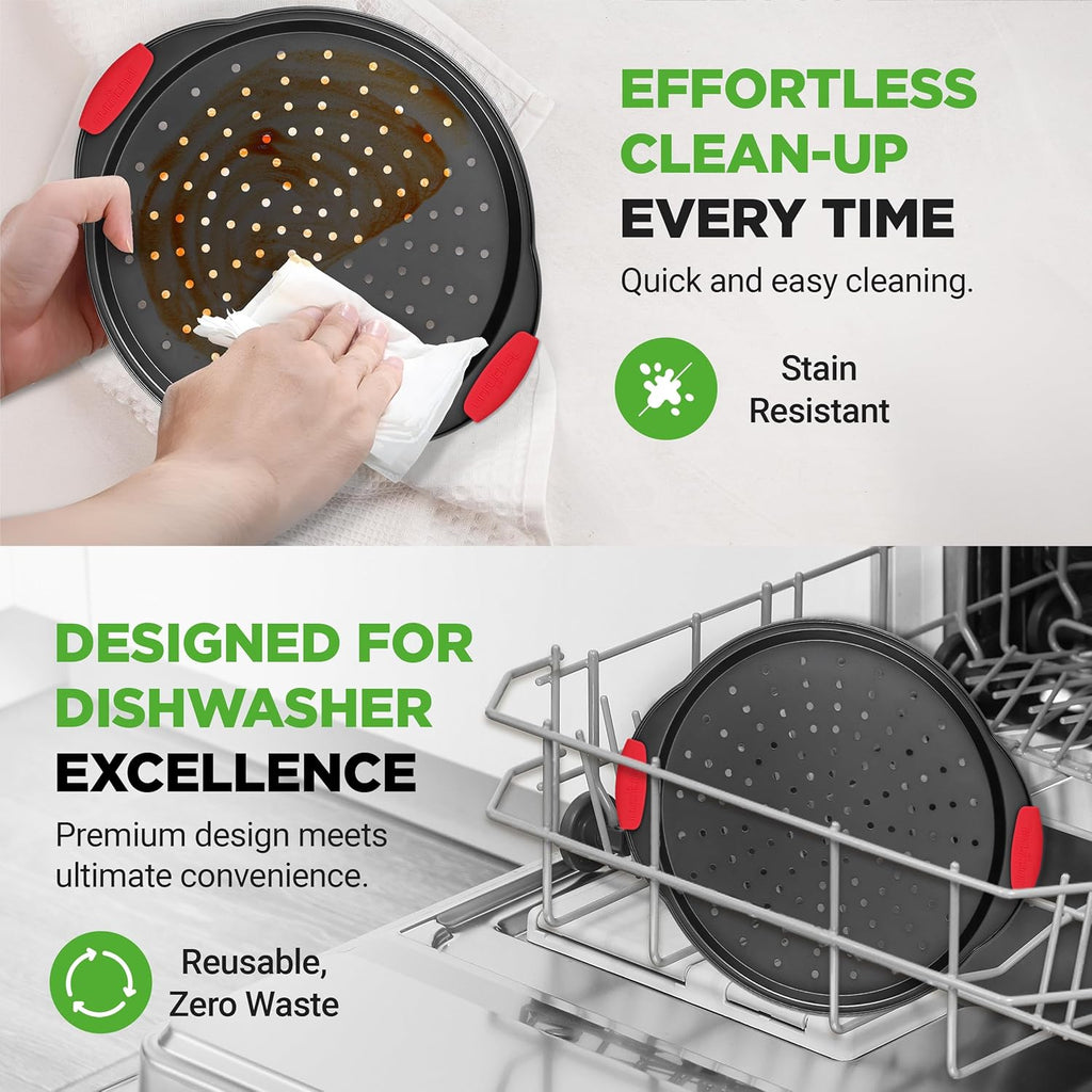 NutriChef 13-Inch Nonstick Pizza Tray - Round Carbon Steel Non-Stick Pizza Baking Pan with Perforated Holes, Premium Bakeware Pizza Screen with Silicone Grip Handles, Dishwasher Safe - NCBPIZ1