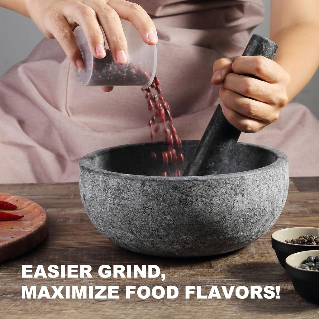 Koville Natural Granite Mortar and Pestle Set, 8" Extra Large Grinder Bowl for Guacamole, Salsa, Pill Crusher, Spice, Herb, Garlic, Nut, Heavy Duty Grinder for Kitchen Sand-Blasted Finish