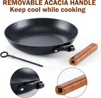 DM Cast Iron Skillet, 10 Inch Nonstick Frying Pan with Detachable Acacia Wooden Handle, Honeycomb Non stick Omelet Egg Pan, Easy Clean Oven Safe Pans for Cooking