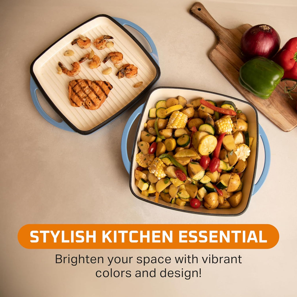 Bruntmor 2-in-1 Pre-Seasoned Square Cast Iron Dutch Oven with Dual Handles, Non Stick Pan with Grill, All-in-One Cookware Set, Cast Iron Casserole Dish with Lid for Braising Dishes,Whale Blue