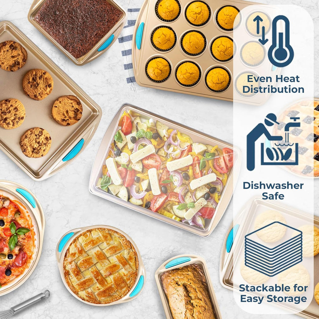 Perlli Baking Kit: Nonstick Gold Steel Oven Set - 10 Pieces, Cookie Sheets, Cake Pans, 9x13Pan with Lid, Loaf & Deep Pans, Pizza Crisper, Muffin Pan - Silicone Handles