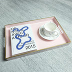 Spsyrine Pink Decorative Serving Tray with Handles, Elegant Plastic Coffee Table Tray for Ottoman, Living Room, Home Decor 15.6" X 10.2"