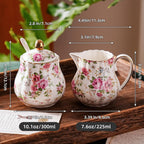 Ceramic Sugar and Creamer Set, 3 Piece Set with Cream Pitcher, Sugar Bowl, Sugar Set with Lid and Spoon (White with flower)