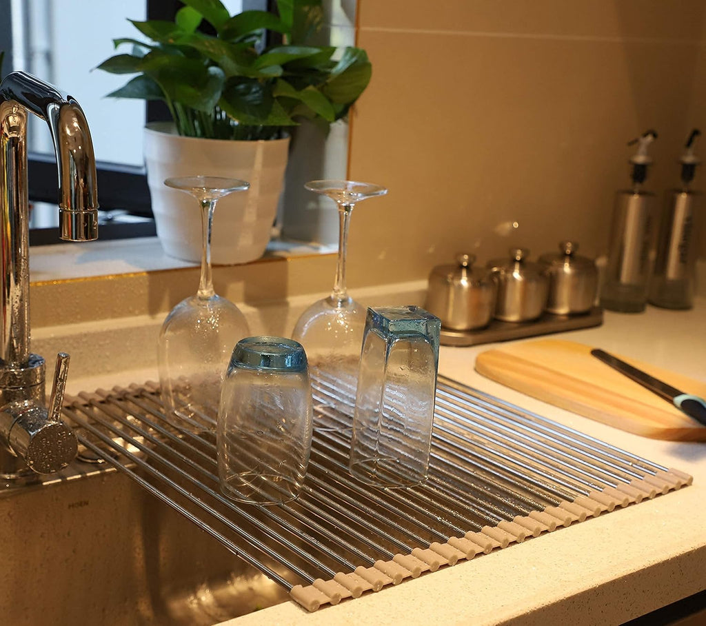 Ahyuan Roll up Dish Drying Rack Over The Sink Kitchen Roll up Sink Drying Rack Portable Dish Drainer Foldable Dish Drying Rack (Warm Gray, 17.8''X17'')