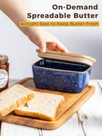 Ceramic Butter Dish with Lid, Covered Butter Dish for Countertop, Airtight Butter Holder Crock with Airtight Seal, HoneyBee Kitchen Decor, Blue