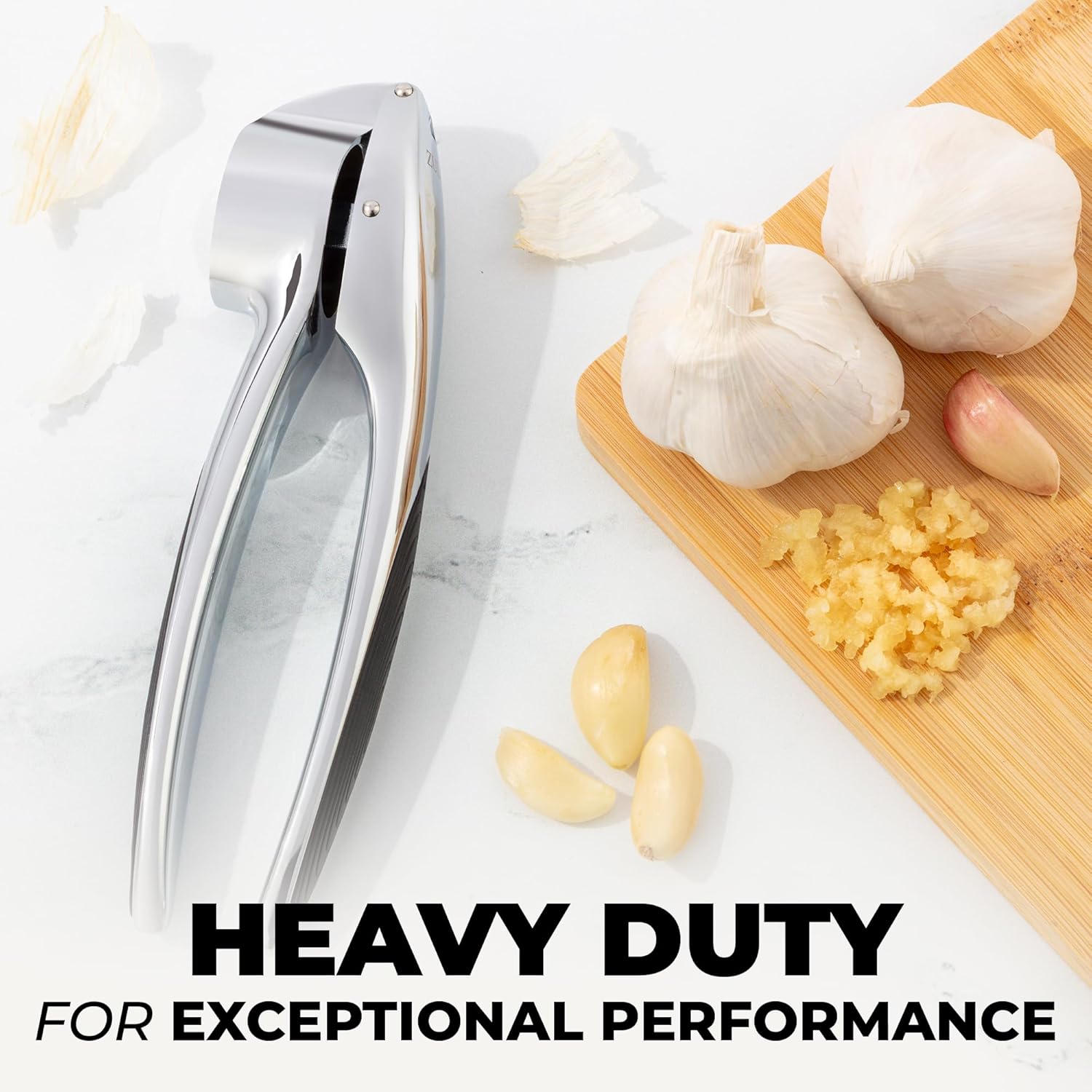 Zulay Kitchen Premium Garlic Press Set – Rust Proof & Dishwasher Safe Garlic Mincer Tool with Silicone Garlic Peeler & Brush, Easy Squeeze & Clean, Ergonomic Soft Grip Handle - Medium – Chrome
