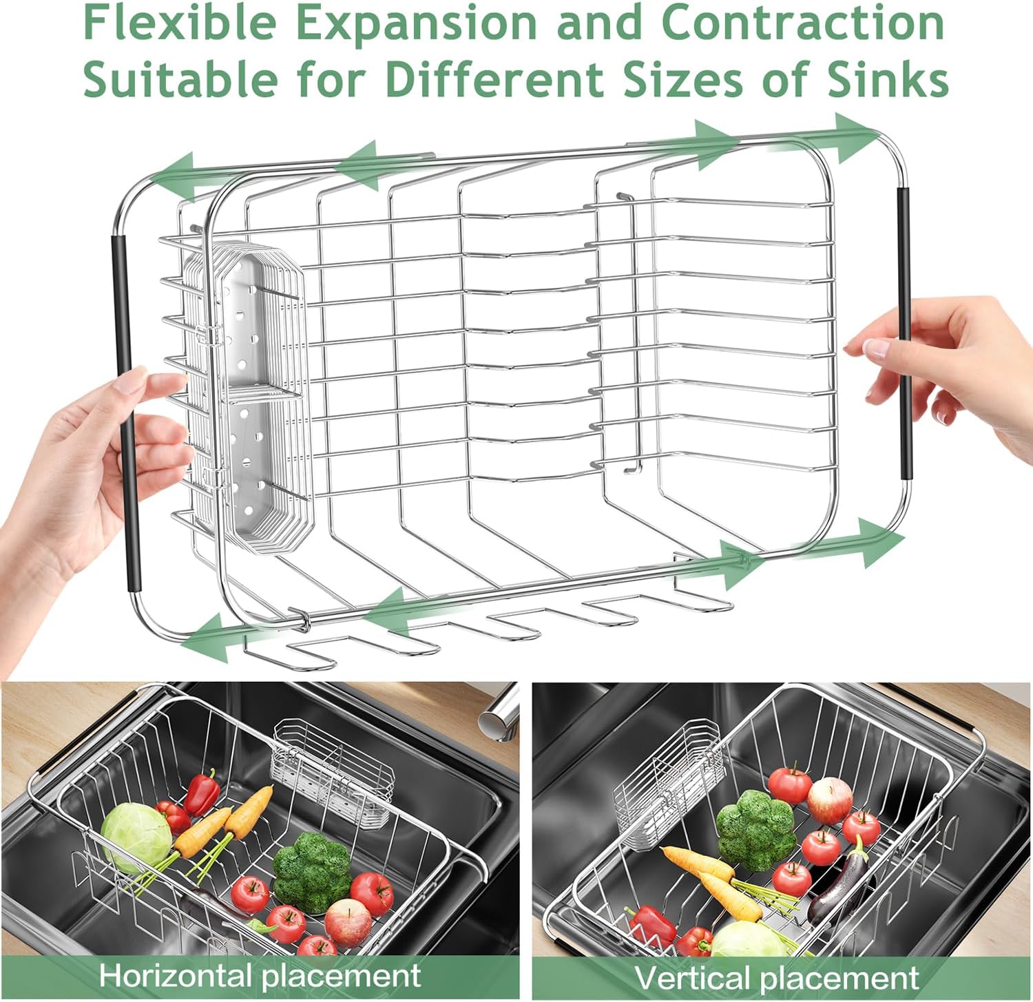 Small Dish Drying Rack in Sink, Extendable Stainless Steel Dish Drainers for Kitchen Counter, Anti-Rust Dish Dryer Rack with Utensil & Cup Holders, for Inside Sink, Over The Sink(for 1-2 People)