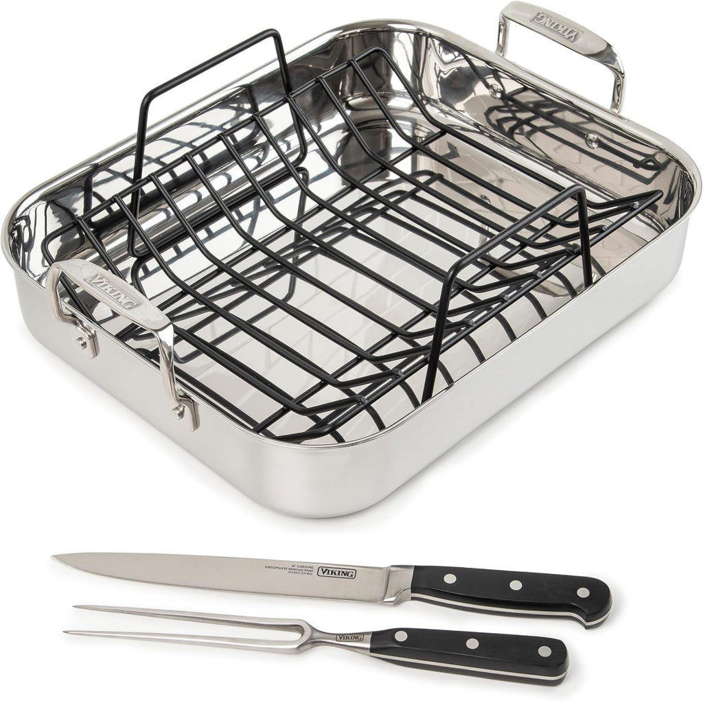 Viking 3-Ply Stainless Steel Roasting Pan with Nonstick Rack and Carving Set, 16 x 13 Inch Kitchen Cookware, Great for Turkey, Dishwasher and Oven Safe, Induction Ready, SIlver