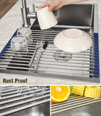 Tomorotec 17.7" x 12.5" Roll Up Dish Drying Rack Over Sink Drying Rack Sink Cover Kitchen Sink Accessories Gadget Multipurpose Organizer Foldable Stainless Steel Drainer
