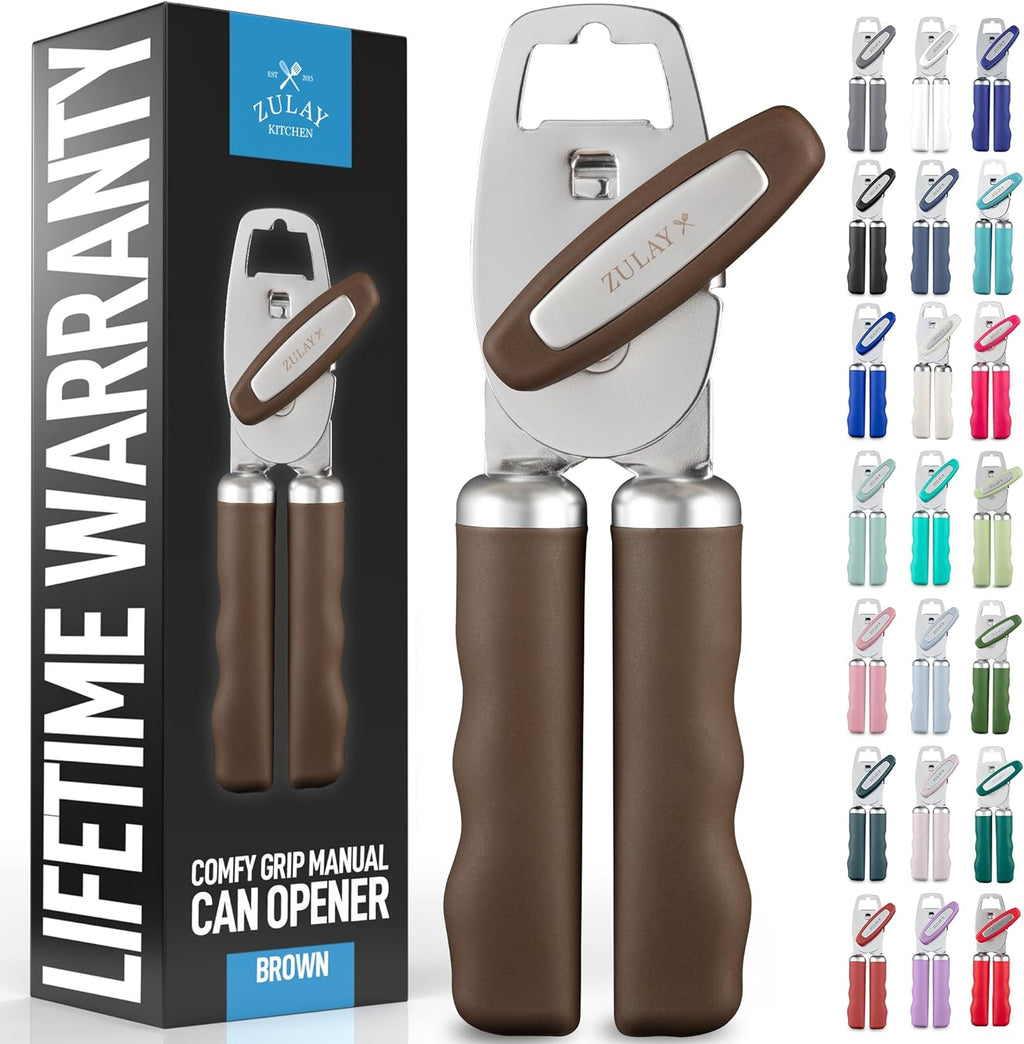 Zulay Kitchen Heavy Duty Stainless Steel Can Opener Manual with Bottle Opener - Rust Proof Manual Can Opener With Turn Knob & Comfy Soft Grip Handles - Brown